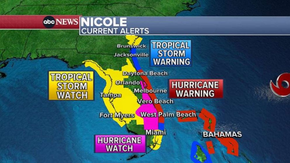 PHOTO: A hurricane warning is in effect for much of Florida's west coast due to Tropical Storm Nicole. It is expected to strengthen to a Category 1 hurricane before landfall.
