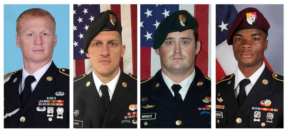 PHOTO: These handout photos released Oct. 8, 2017, show, (L to R), U.S. Army Special Forces Sergeants Jeremiah Johnson, Bryan Black, Dustin Wright and La David Johnson killed in Niger, West Africa on Oct. 4, 2017. 