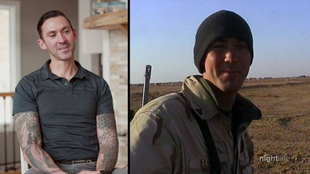 PHOTO: Retired Marine Corporal Michael Elliot, seen on the right in an interview with ABC News in 2002, speaks with "Nightline" about the 20th anniversary of the U.S. invasion of Iraq.