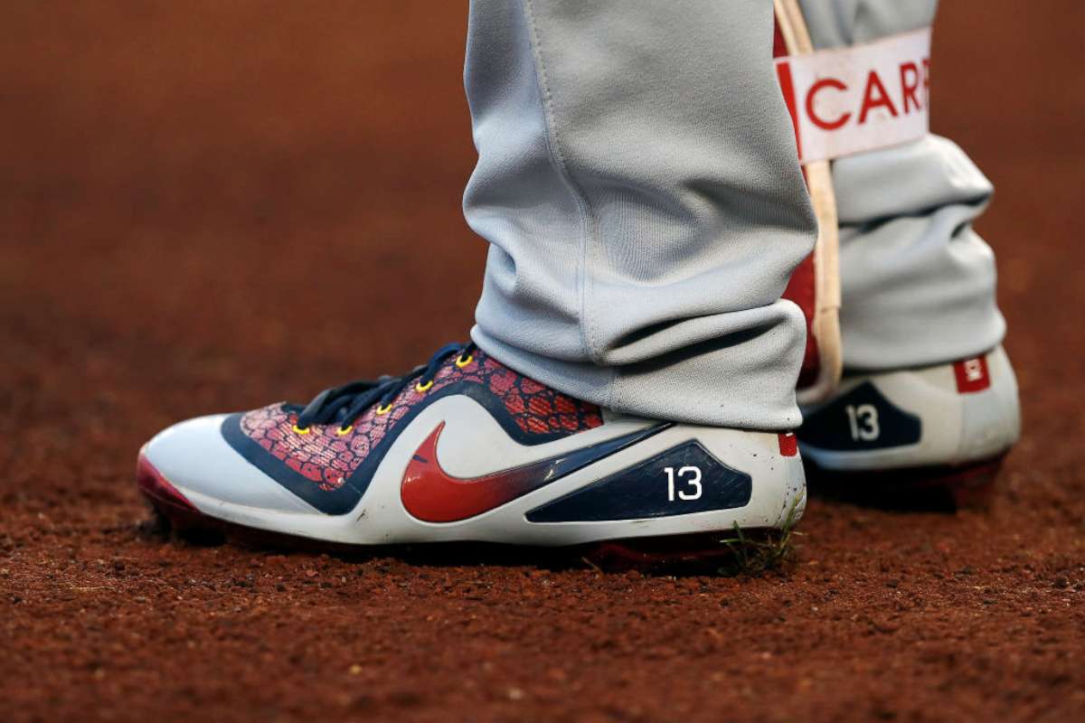 PHOTO: A detail view of Matt Carpenter #13 of the St. Louis Cardinals Nike baseball cleats as he stands on deck in the first inning against the Washington Nationals at Nationals Park on Sept. 4, 2018 in Washington.