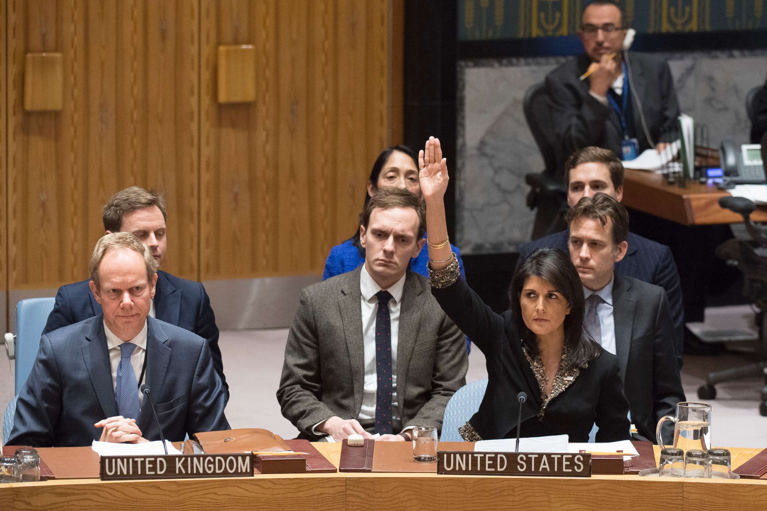 PHOTO: U.S. Ambassador to the United Nations Nikki Haley, right, votes against a resolution concerning Jerusalem's status at U.N. headquarters, Dec. 18, 2017.  