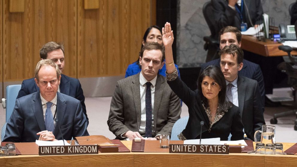 PHOTO: U.S. Ambassador to the United Nations Nikki Haley, right, votes against a resolution concerning Jerusalem's status at U.N. headquarters, Dec. 18, 2017.  