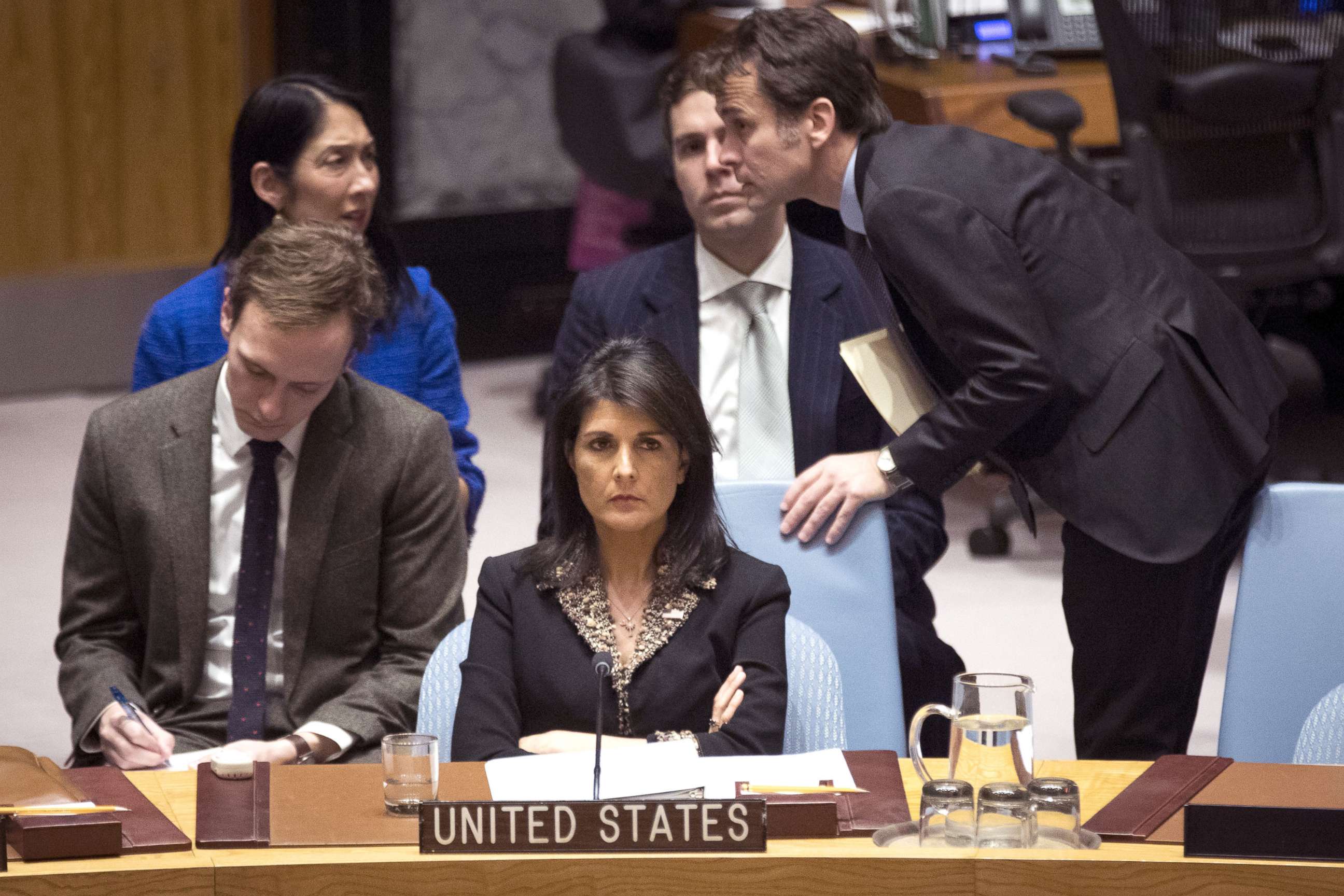 PHOTO: U.S. ambassador to the United Nations Nikki Haley listens during a Security Council meeting concerning the situation in the Middle East involving Israel and Palestine, at United Nations headquarters, Dec. 18, 2017 in New York City. 