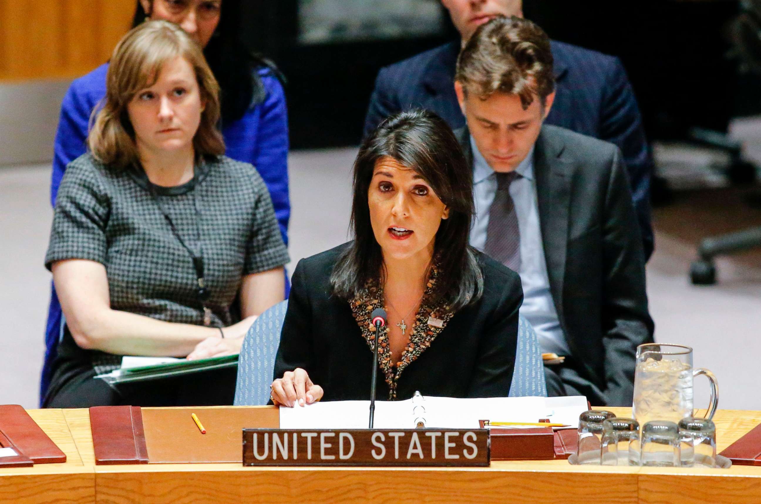 PHOTO: US Ambassador to the UN Nikki Haley speaks during a UN Security Council meeting over the situation in the Middle East on Dec. 18, 2017, at UN Headquarters in New York. 