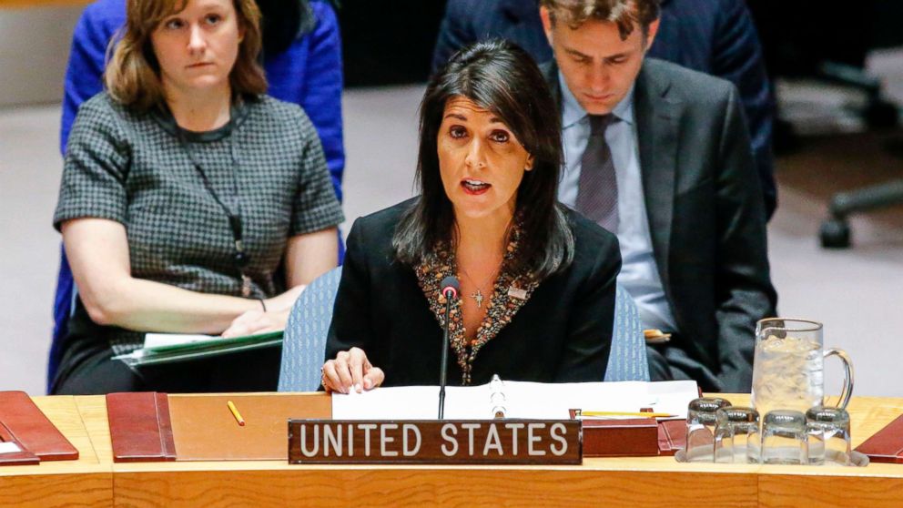 PHOTO: US Ambassador to the UN Nikki Haley speaks during a UN Security Council meeting over the situation in the Middle East on Dec. 18, 2017, at UN Headquarters in New York. 