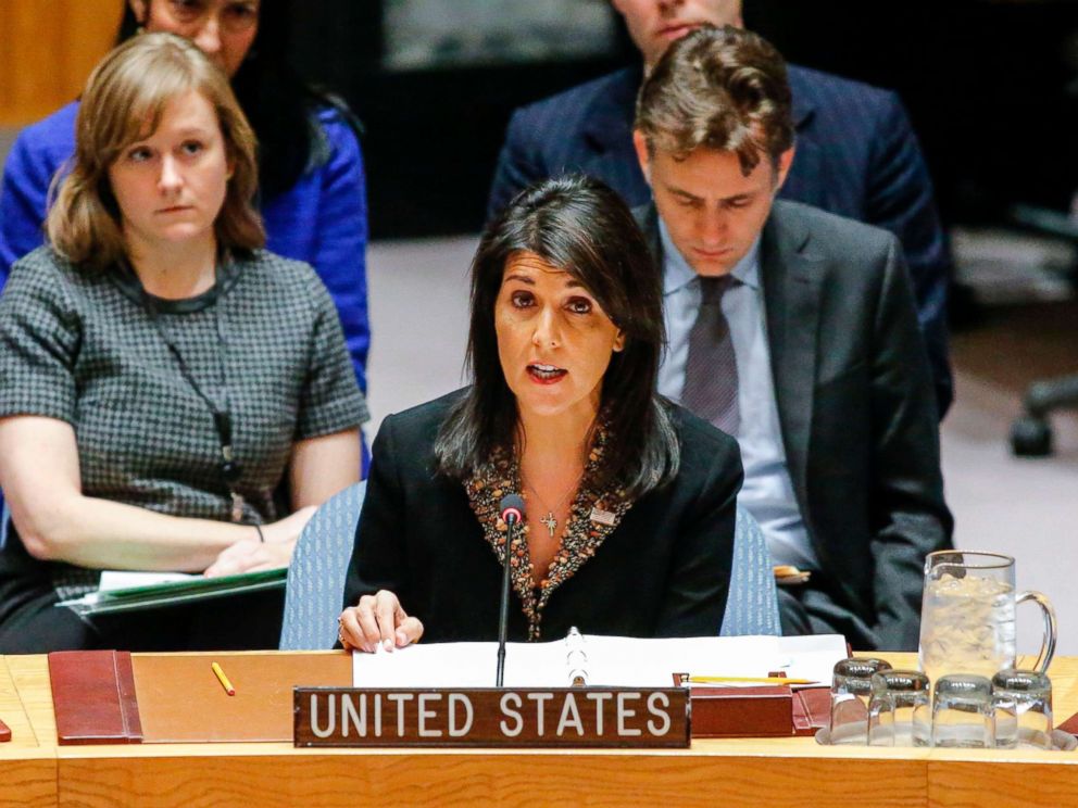 PHOTO: US Ambassador to the UN Nikki Haley speaks during a UN Security Council meeting over the situation in the Middle East on Dec. 18, 2017, at UN Headquarters in New York.