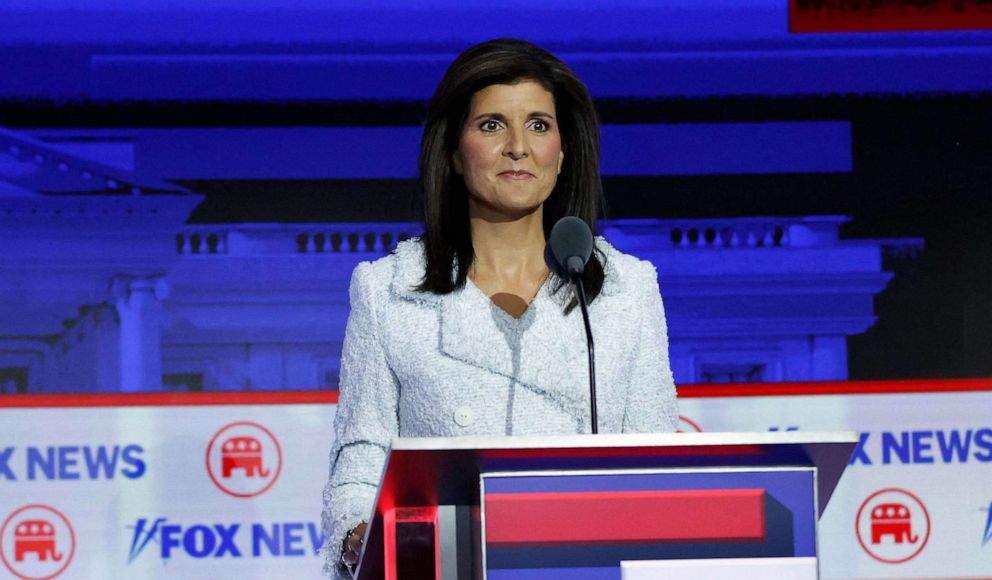 PHOTO: Former Governor from South Carolina and UN ambassador Nikki Haley takes part in the first Republican Presidential primary debate at the Fiserv Forum in Milwaukee, Wisconsin, on Aug. 23, 2023.