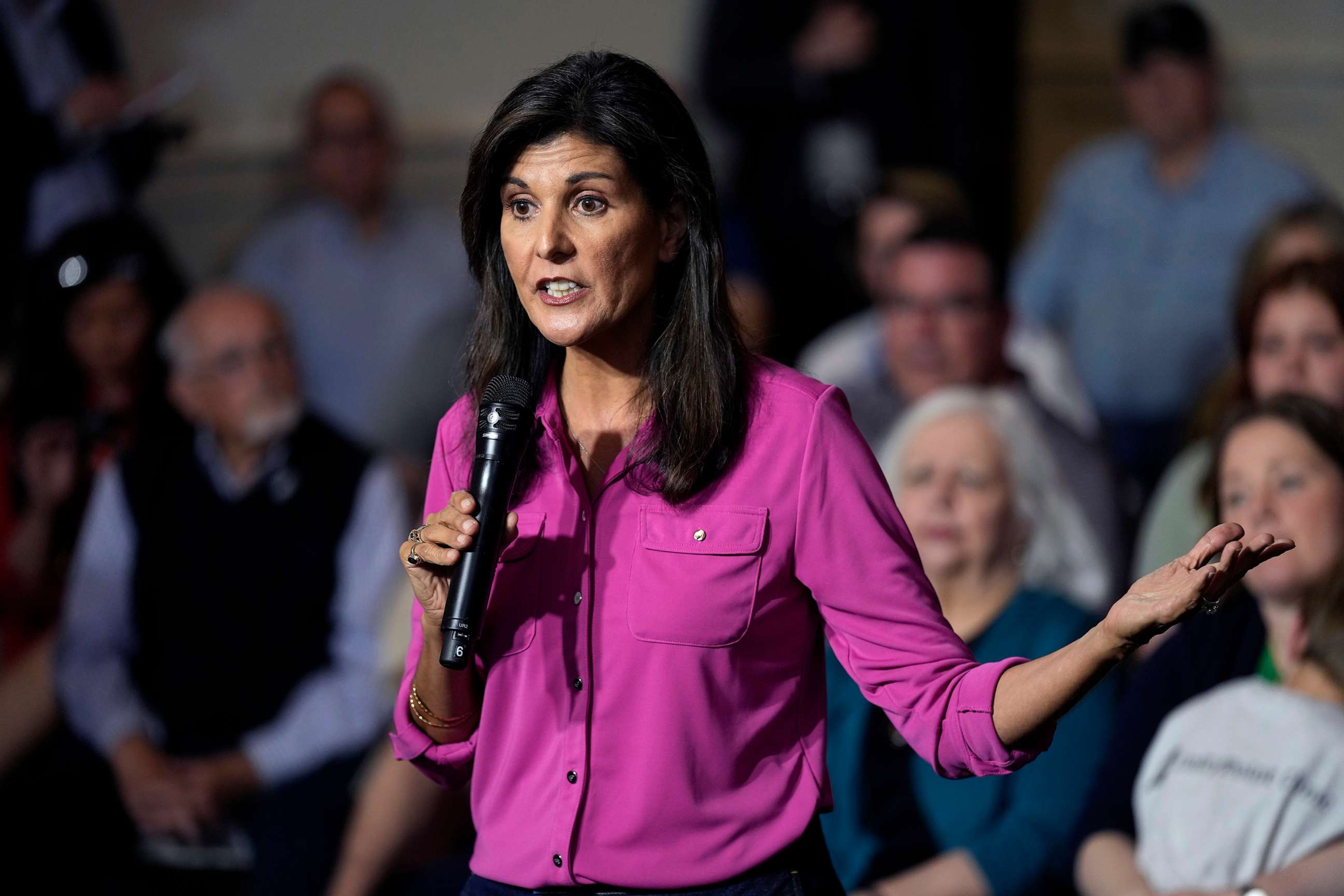 PHOTO: Republican presidential candidate Nikki Haley speaks during a town hall campaign event, May 17, 2023, in Ankeny, Iowa.