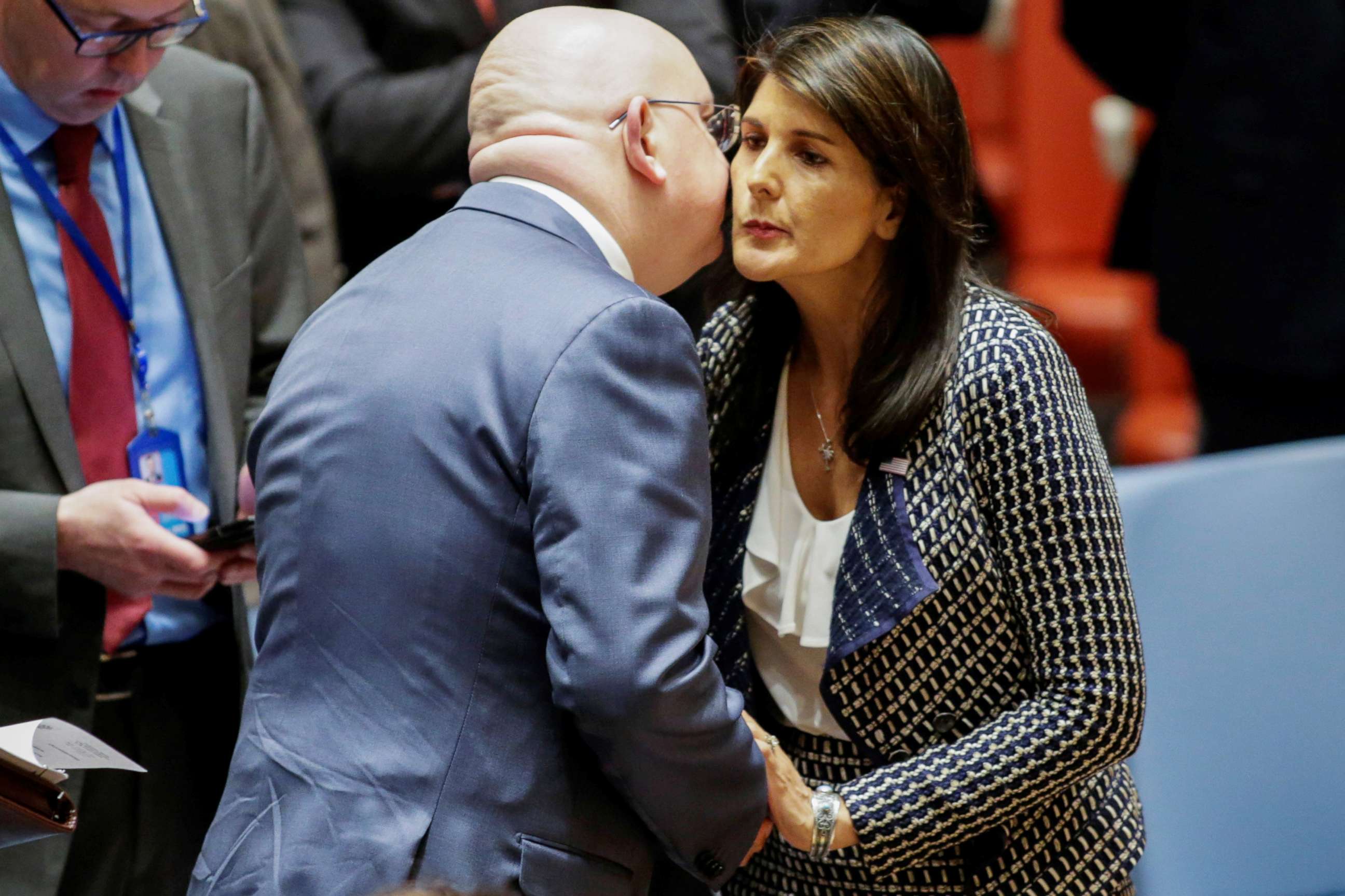 PHOTO: United States Ambassador to the United Nations Nikki Haley greets Russian Ambassador to the United Nations Vasily Nebenzya before the United Nations Security Council meeting on Syria at the U.N. headquarters in New York, April 13, 2018.