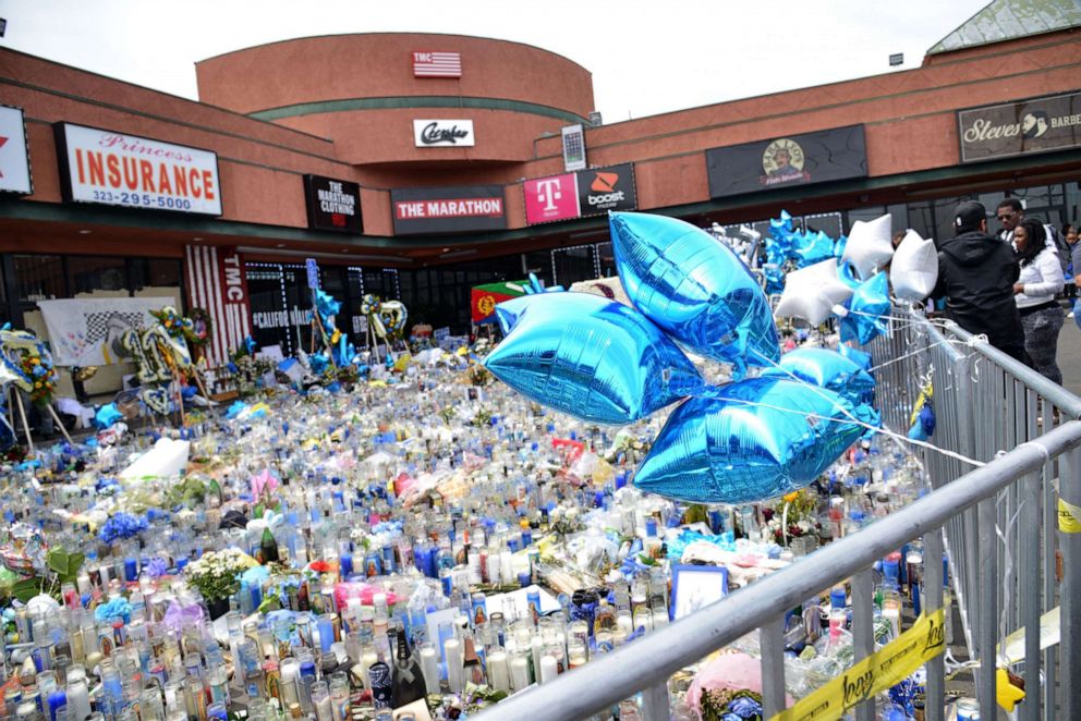 PHOTO: A view of a memorial at The Marathon Clothing Store during Nipsey Hussle's Celebration of Life and Funeral Procession, April 11, 2019, in Los Angeles.