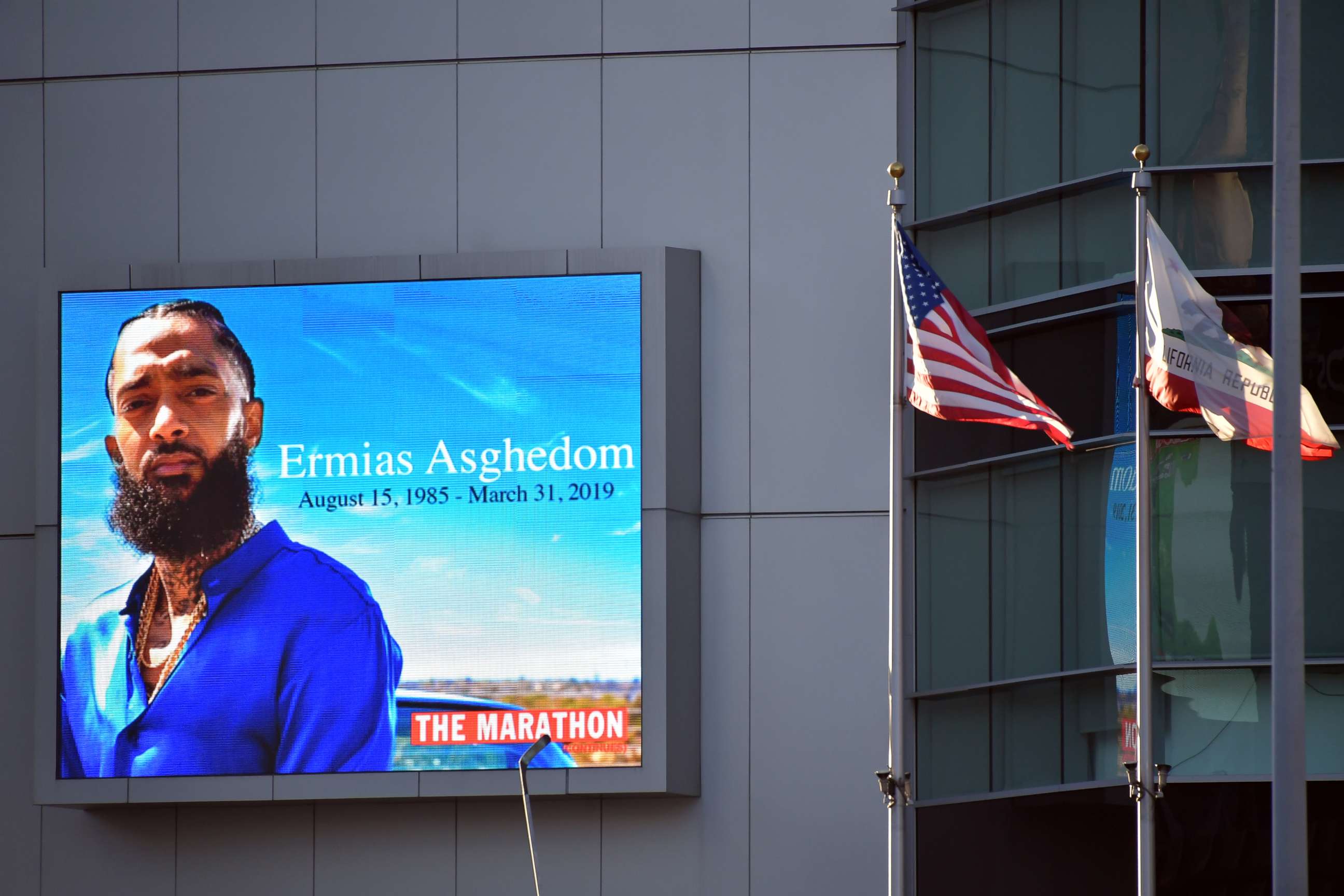 PHOTO: Signage is seen on the side of the STAPLES Center prior to Nipsey Hussle's Celebration of Life at STAPLES Center on April 11, 2019 in Los Angeles.