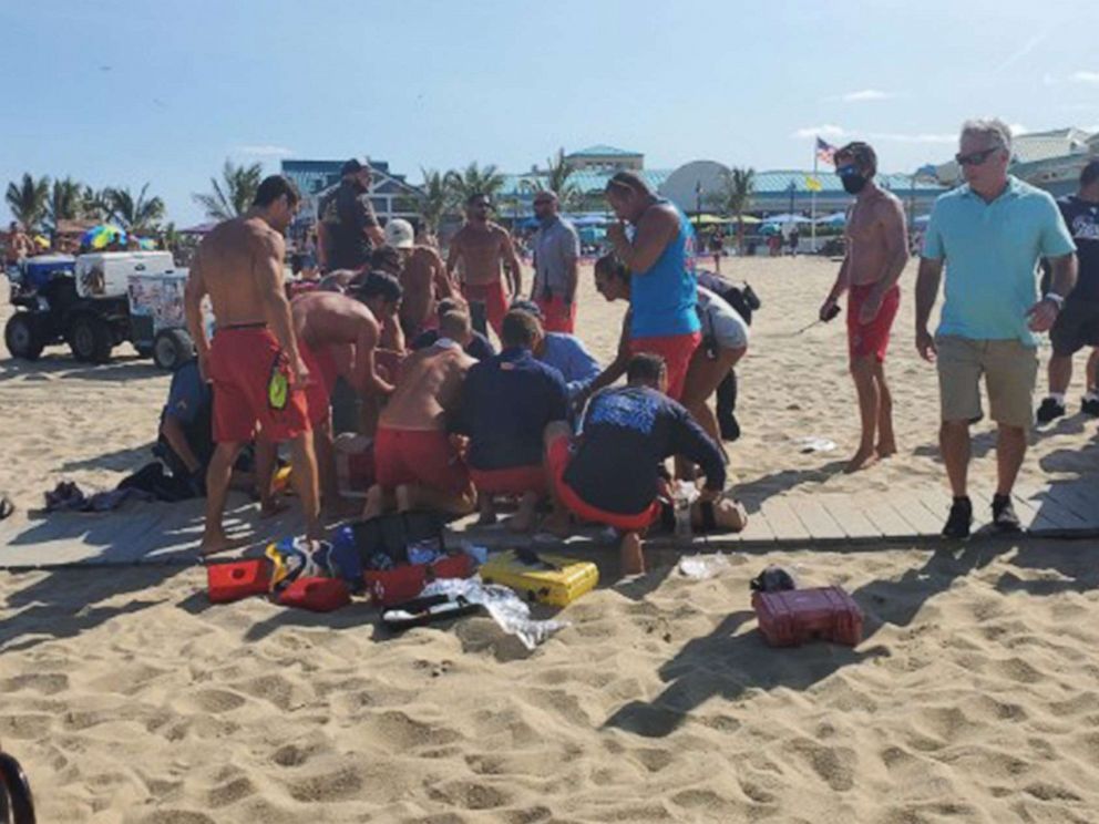 PHOTO: Life guards and first responders work at the scene of a stabbing at Point Pleasant in New Jersey, Sept. 7, 2020.
