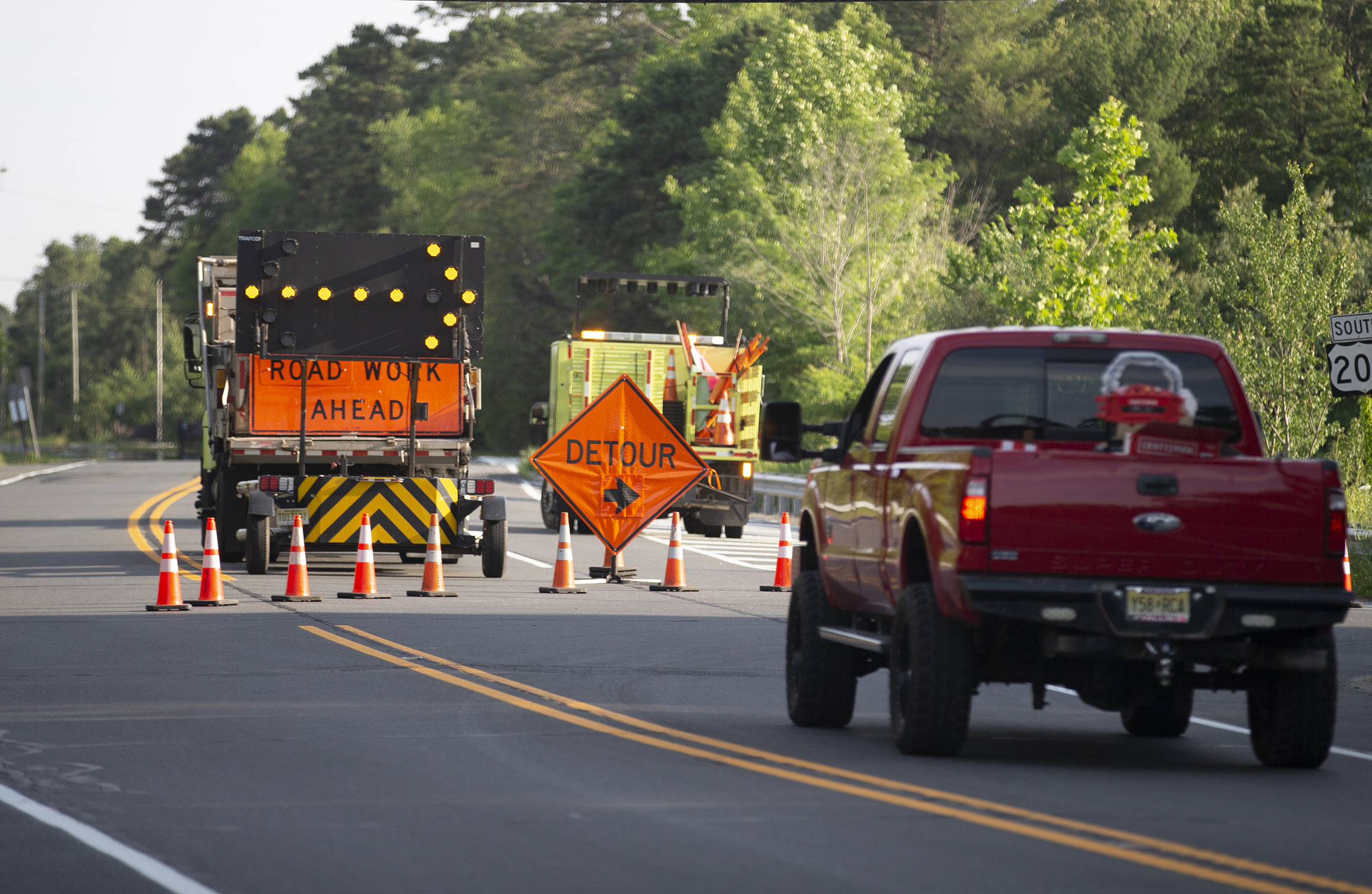 PHOTO: Route 206 is closed to traffic north of Hammontown due to a wildfire in Wharton State Park near Hammonton, N.J., June 20, 2022.