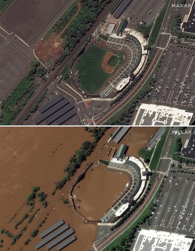 PHOTO: TD Bank Ballpark, days before a flood hit the Bridgewater Township in N.J., Aug. 25, 2021.TD Bank Ballpark submerged in flood, after Hurricane Ida swept through the Bridgewater Township in N.J., Sept. 2, 2021.