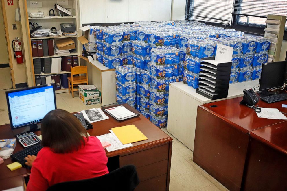 PHOTO: Botted water is stacked at the Newark Health Department which is acting as a distribution point for fresh water for residents affected by lead contamination in some of the city's tap water, on Aug. 14, 2019 in Newark, N.J.