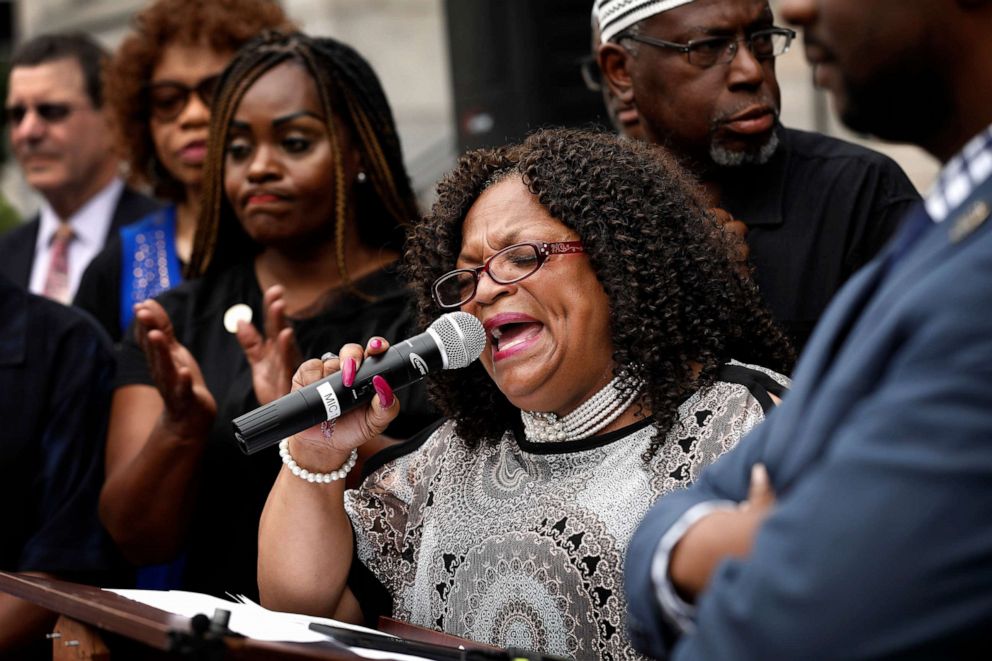 PHOTO: Reverend Louise Scott-Roundtree, of the Newark Clergy Affairs & Interfaith Alliance, speaks during a press conference regarding Newark's ongoing water crisis on Aug. 21, 2019 in Newark, N.J. 