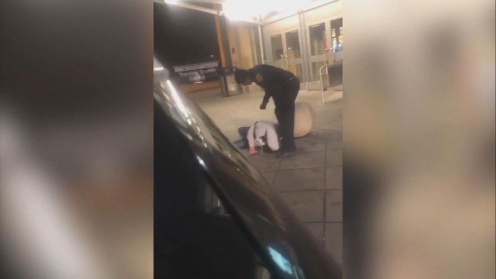 PHOTO: A New Jersey Transit police officer is under investigation after a cell phone video surfaced showing him apparently dragging, cursing and hitting a man who appeared to be passed out in front of the Trenton Transit Center, March 9, 2019.