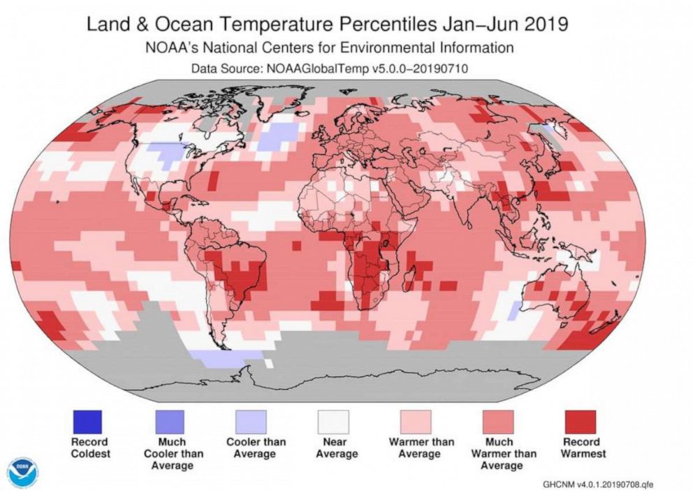 PHOTO: This NOAA graphic shows land and ocean temperature percentiles from Jan-June 2019.