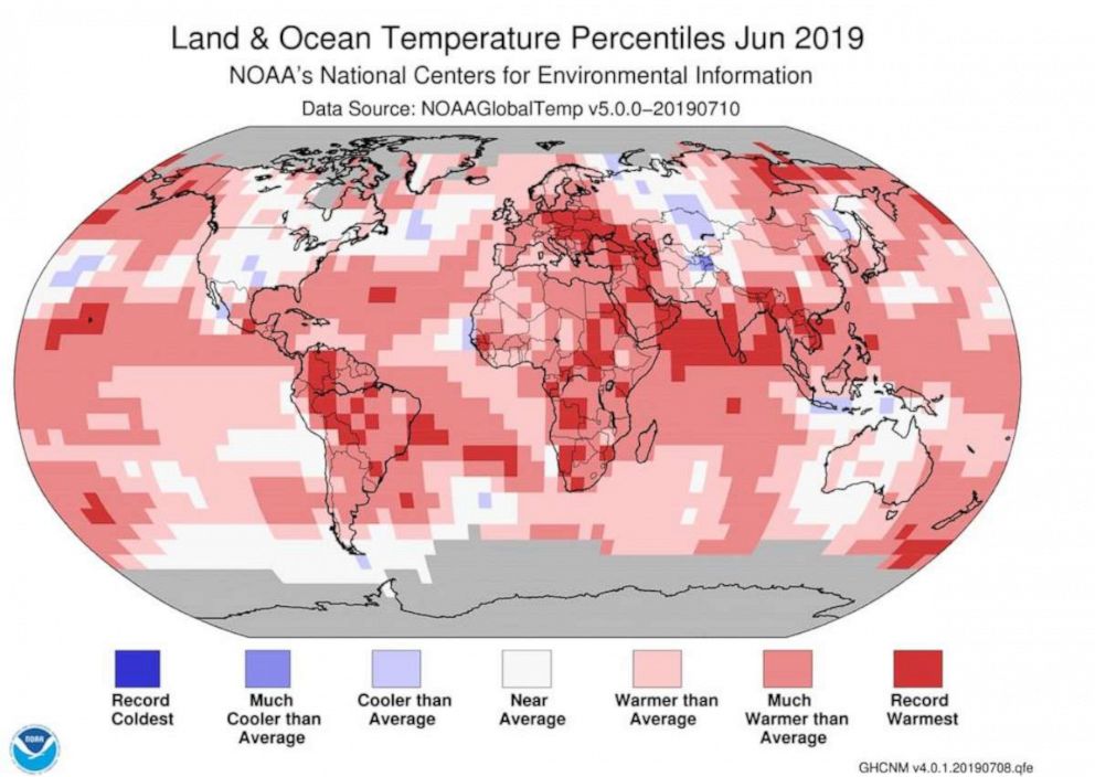 PHOTO: This NOAA graphic shows land and ocean temperature percentiles in June 2019.