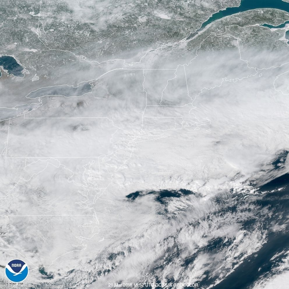 PHOTO: An image made by NOAA satellite shows a winter storm blanketing the Mid-Atlantic states, March 21, 2018.