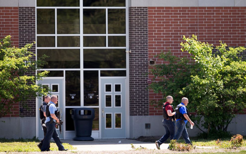 PHOTO: Law enforcement agents gather after a shooting at Noblesville West Middle Scholl in Noblesville, Ind., May 25, 2018.