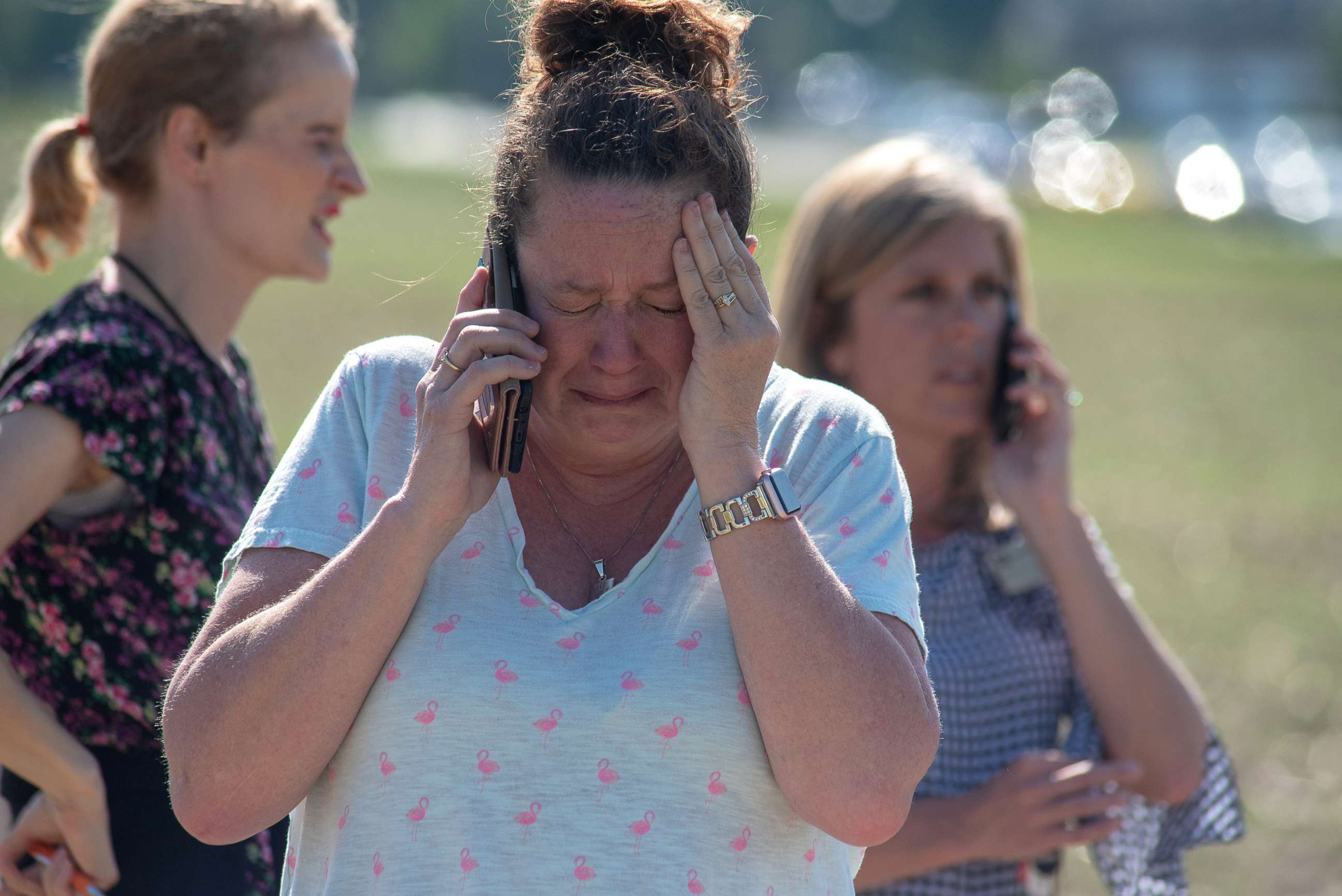 PHOTO: Instructional Assistant Paige Rose reacts outside Noblesville West Middle School after a shooting at the school on May 25, 2018 in Noblesville, Ind.