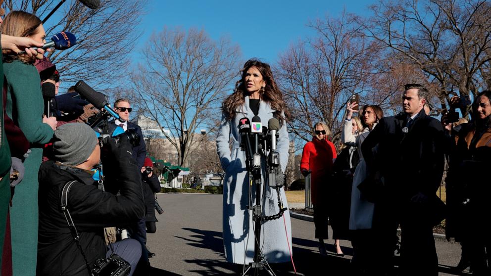 PHOTO: Homeland Security Secretary Kristi Noem speaks with reporters at the White House, Jan. 15, 2026, in Washington. 