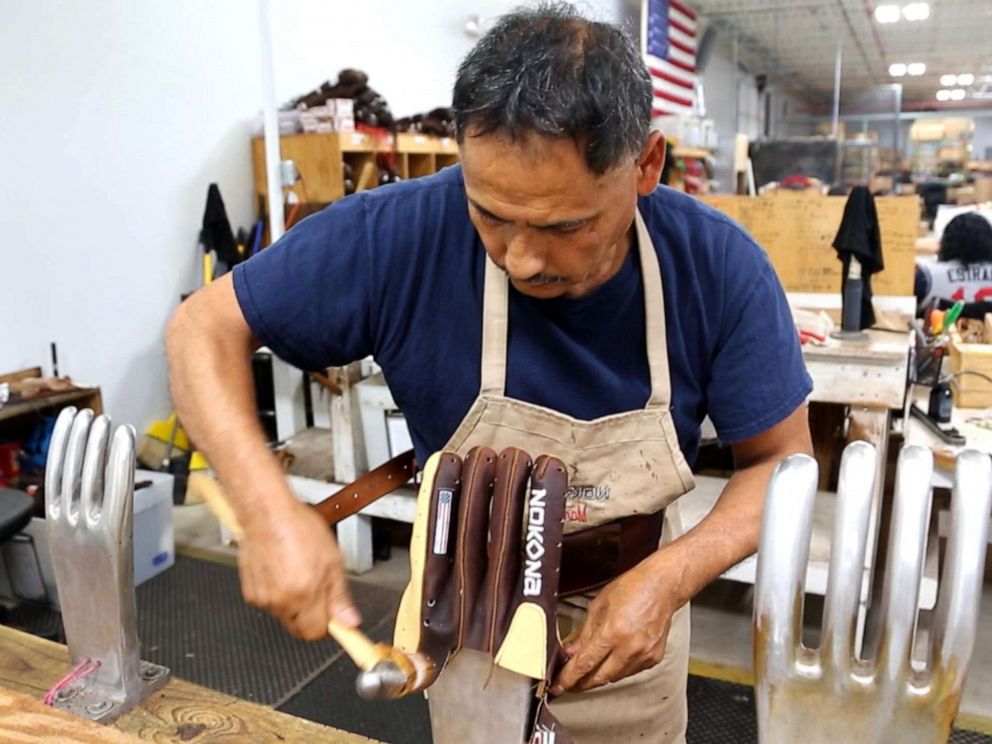 PHOTO: Nokona Ball Gloves in Nocona, Texas, makes 150 baseball gloves a day.