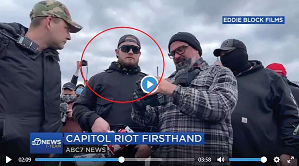 PHOTO: A video grab included in criminal complaint identifies Ethan Nordean as the man in the red circle in footage of the Capitol siege, Jan. 6, 2021.