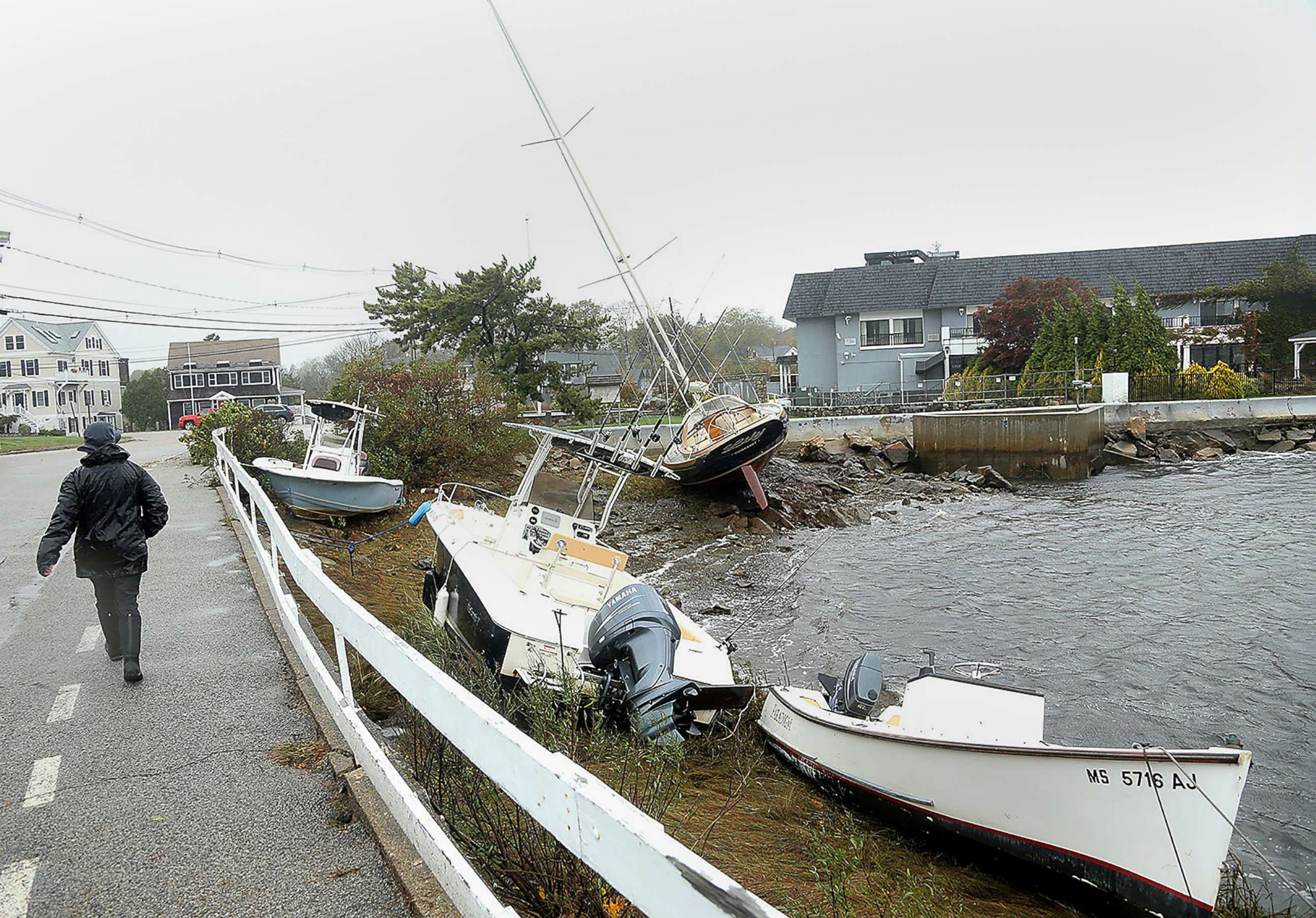 PHOTO: Boats are stranded along the shores after a nor'easter that brought high winds to the Randolph, Mass., Oct. 27, 2021.