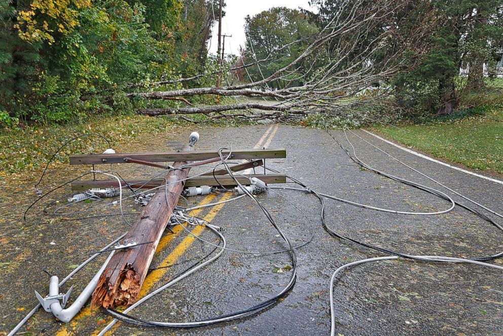 PHOTO: Trees and wires block South River Street in Marshfield, Mass., Oct. 27, 2021, after a nor'easter swept through the area.