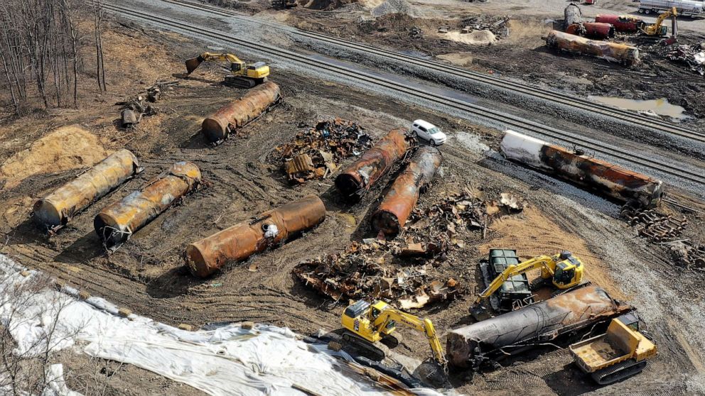 PHOTO: A view of the scene in East Palestine, Ohio, on Feb. 24, 2023, as cleanup continues at the site of a Norfolk Southern freight train derailment that happened on Feb. 3.
