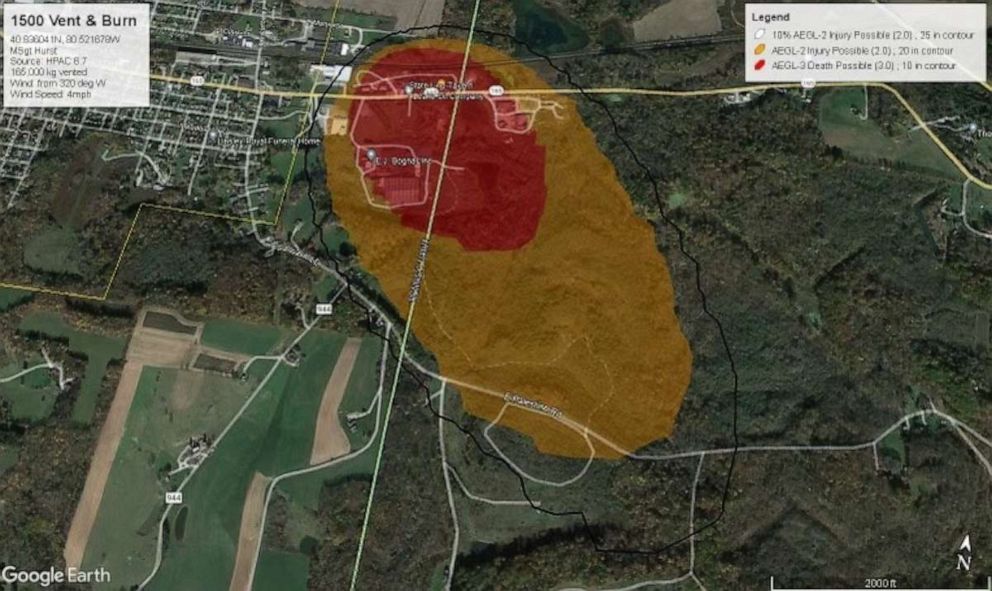 PHOTO: A map shows two areas that will be affected by a burn off of chemicals from a train derailment in East Palestine, Ohio.