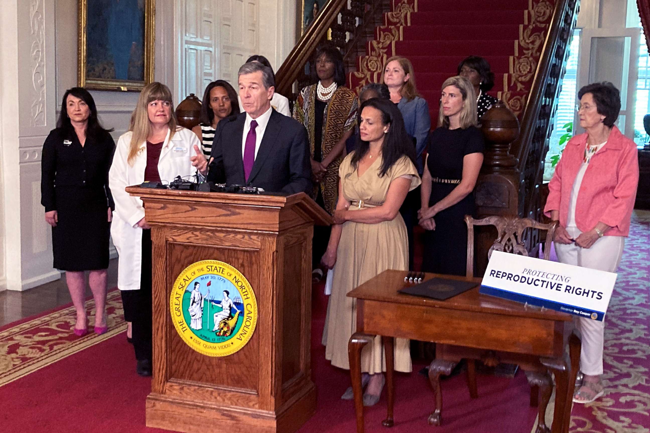 PHOTO: North Carolina Democratic Gov. Roy Cooper speaks at the Executive Mansion in Raleigh, N.C., on July 6, 2022, before signing an executive order designed to protect abortion rights in the state.