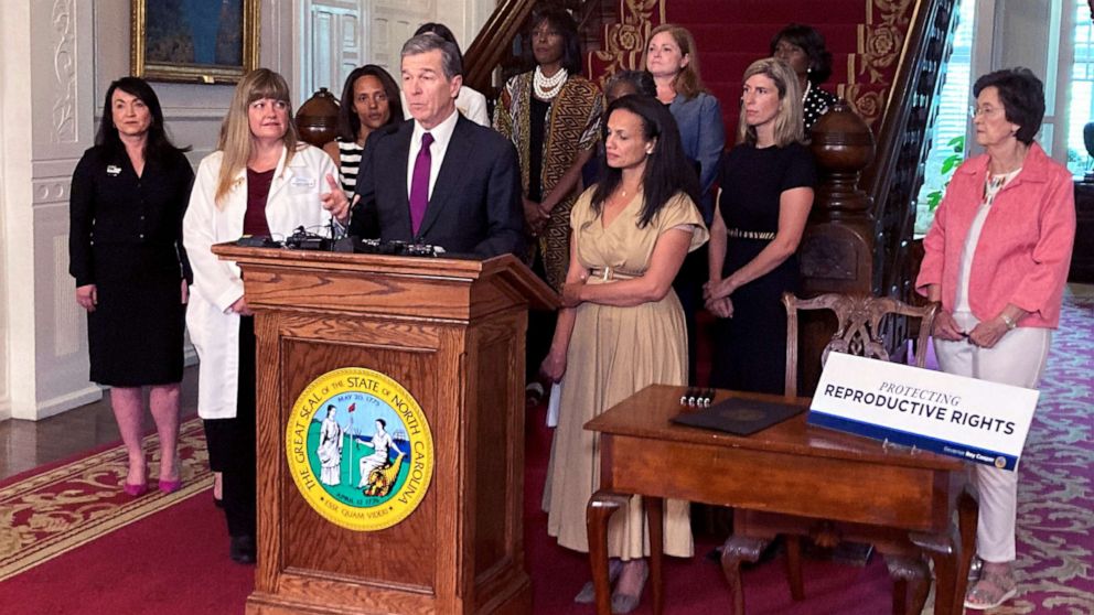 PHOTO: North Carolina Democratic Gov. Roy Cooper speaks at the Executive Mansion in Raleigh, N.C., on July 6, 2022, before signing an executive order designed to protect abortion rights in the state.