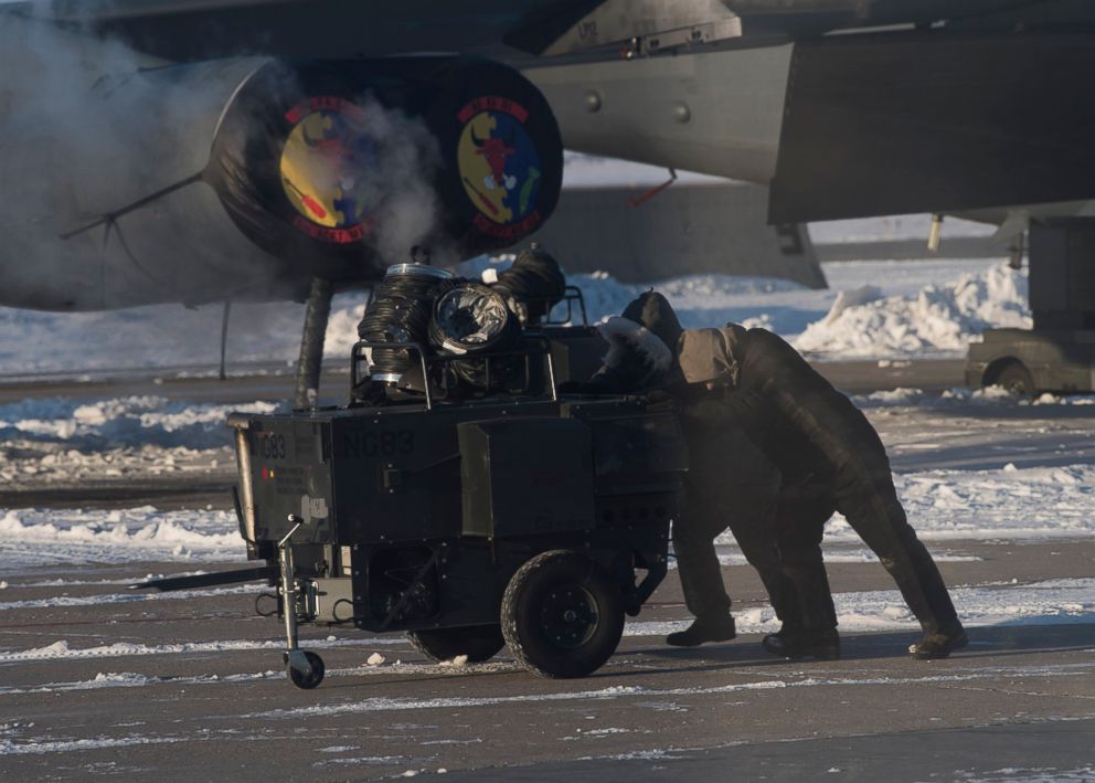 PHOTO: Airmen use engine heaters at Minot Air Force Base in North Dakota, which experienced minus 14 degree Fahrenheit temperatures on Jan. 30, 2019 with even colder wind chills.