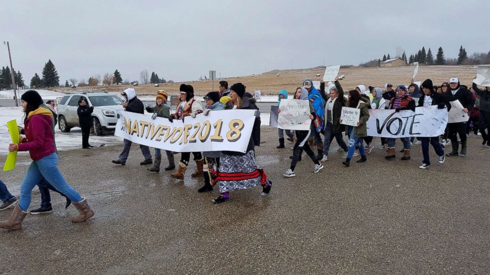 PHOTO: Native American youth from the Turtle Mountain band of the Chippewa marched from Belcourt High School to the Knights of Columbus polling place on the reservation near Belcourt, N.D., Nov. 6, 2018.