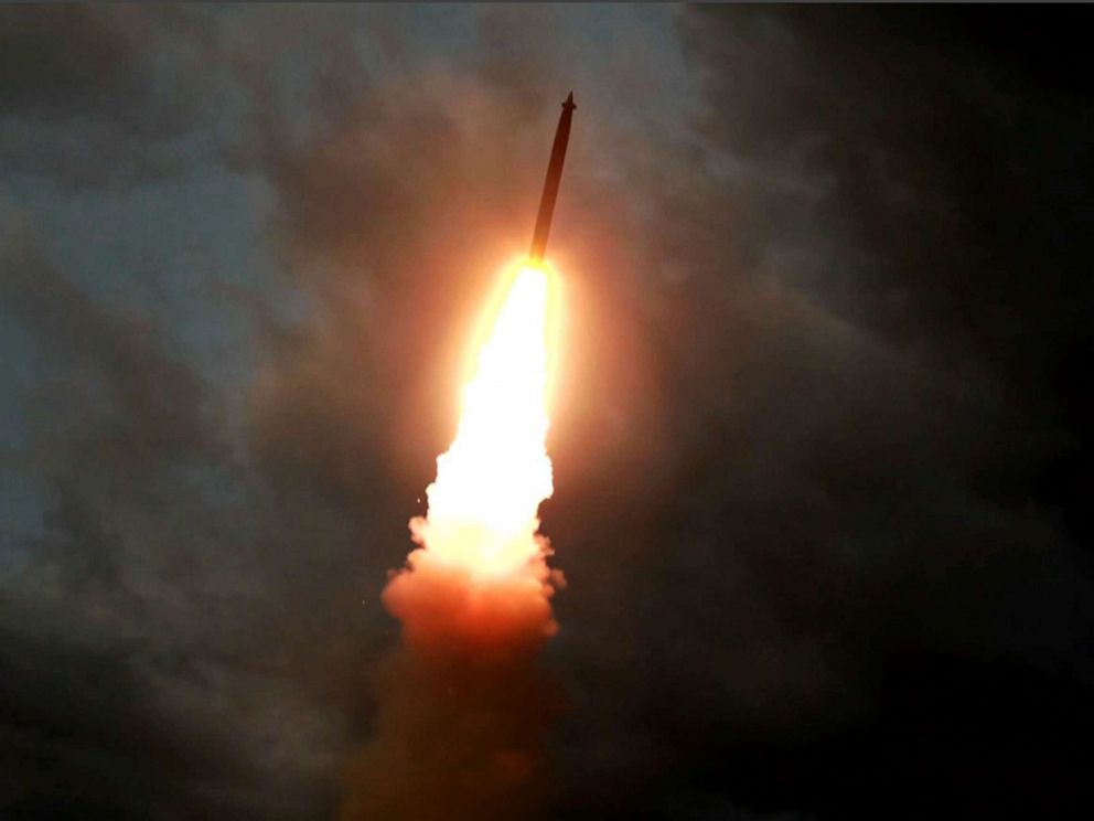 PHOTO: This screen grab image taken from North Korean broadcaster KCTV on August 1, 2019, shows a ballistic missile being launched from an unknown location in North Korea early on July 31.