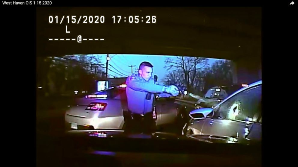 PHOTO: An image from police dashboard camera video on Jan. 15, 2020, shows trooper Brian North after discharging his weapon and fatally shooting Mubarak Soulemane following a high-speed chase.