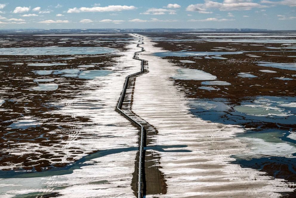 PHOTO: An oil pipeline stretches across the landscape outside Prudhoe Bay in North Slope Borough, Alaska, May 25, 2019. 