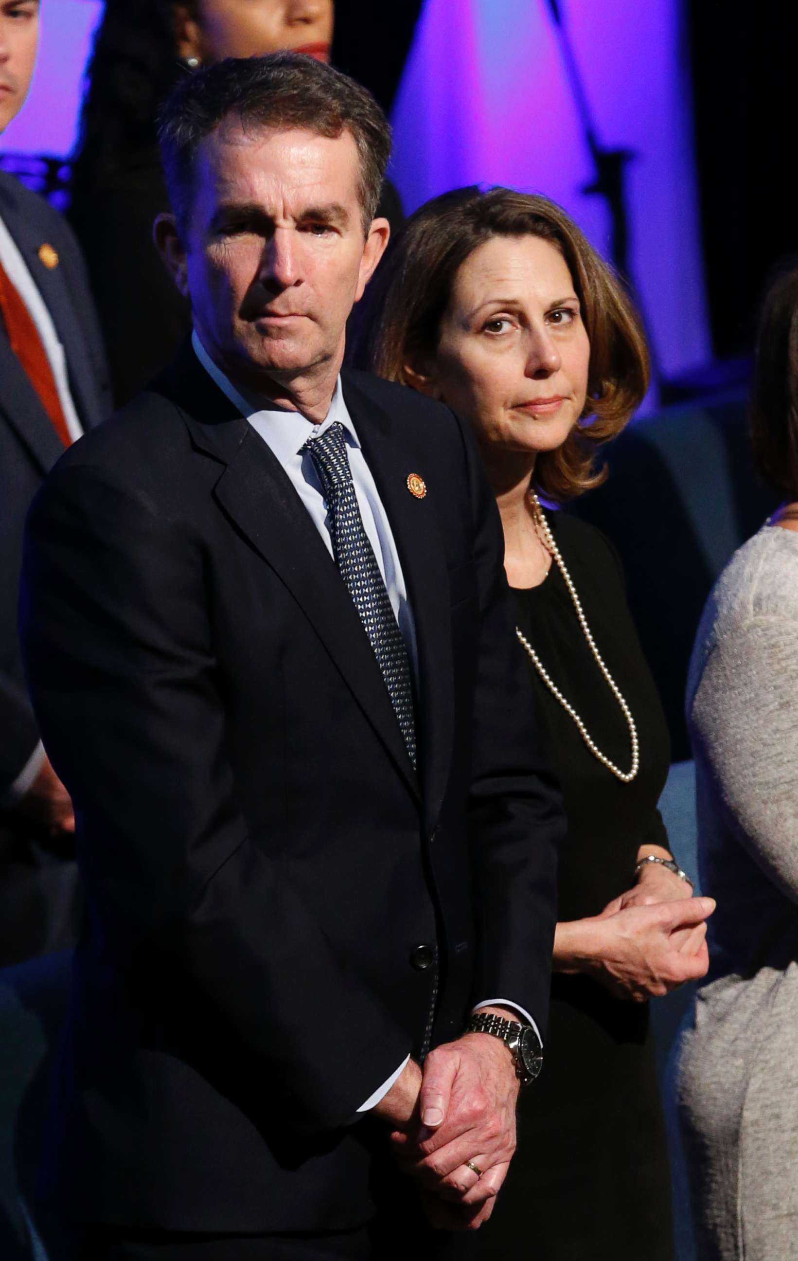 PHOTO: Virginia Gov. Ralph Northam, left,  and his wife Pam, watch the proceedings as they watch the funeral of Virginia State Trooper Lucas B. Dowell at the Chilhowie Christian Church, Feb. 9, 2019, in Chilhowie, Va.