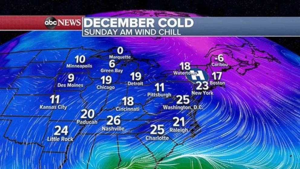 PHOTO: Bitterly cold air is in place across the Midwest and Northeast on Sunday, but it is also blocking the storm from moving north.