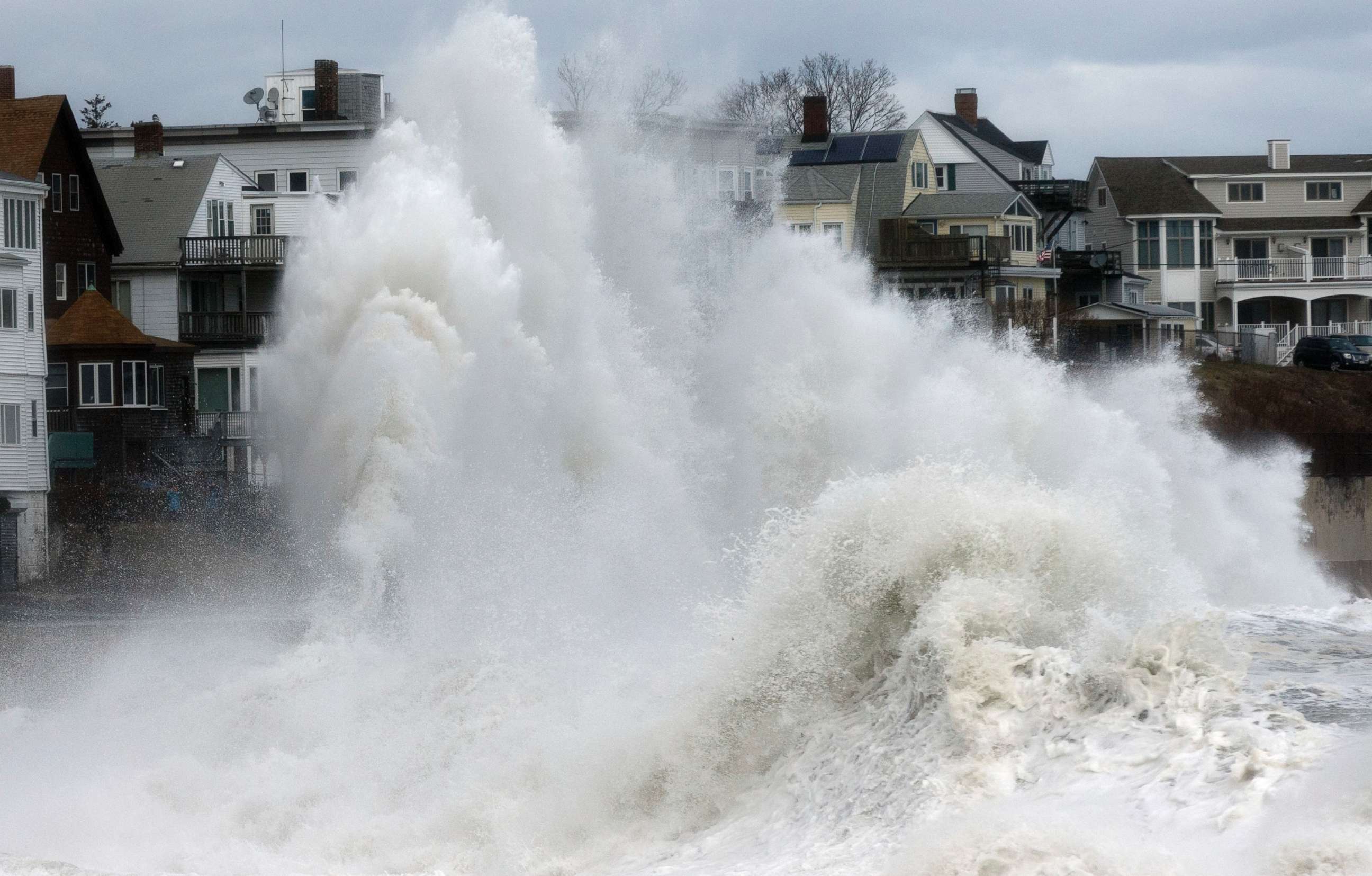 PHOTO: A large wave crashes into a seawall in Winthrop, Mass., March 3, 2018, a day after a nor'easter pounded the Atlantic coast.