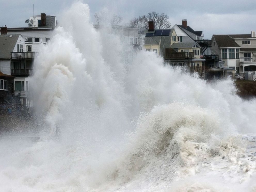 PHOTO: A large wave crashes into a seawall in Winthrop, Mass., March 3, 2018, a day after a noreaster pounded the Atlantic coast.
