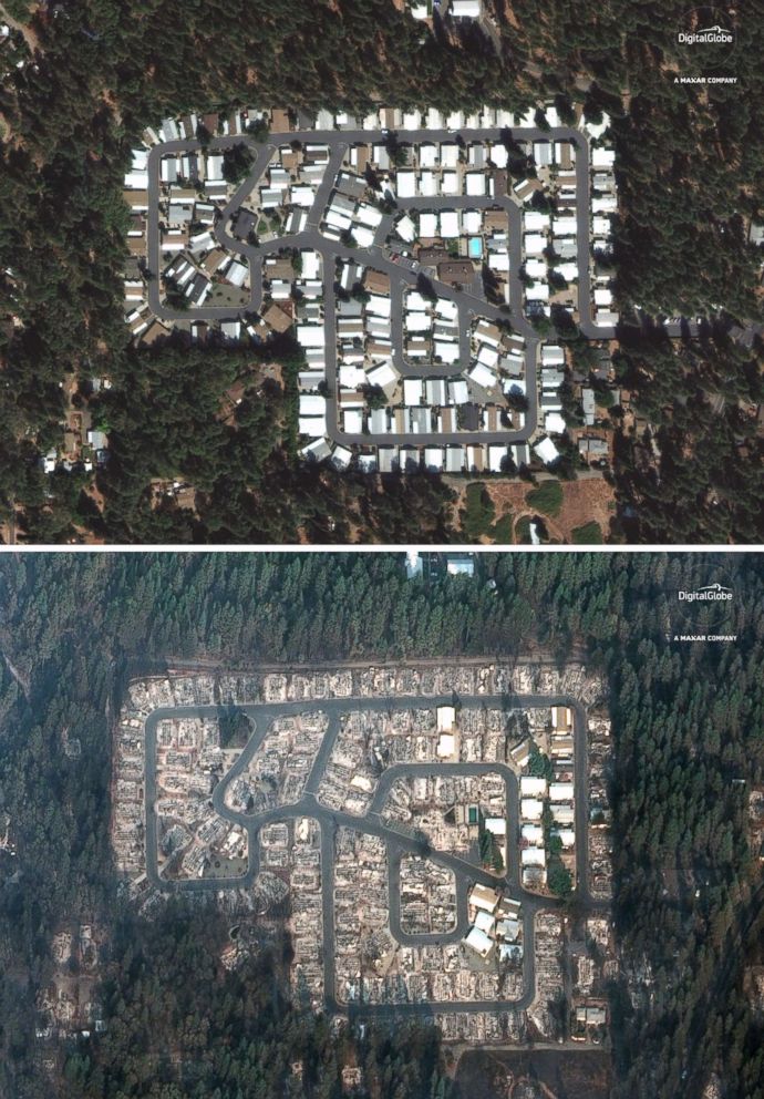 PHOTO: A September 10, 2018 image of the Kilcrease Circle community in Paradise, California, compared to an image of November 17, 2018, this area was destroyed by the camp's terrible fire.