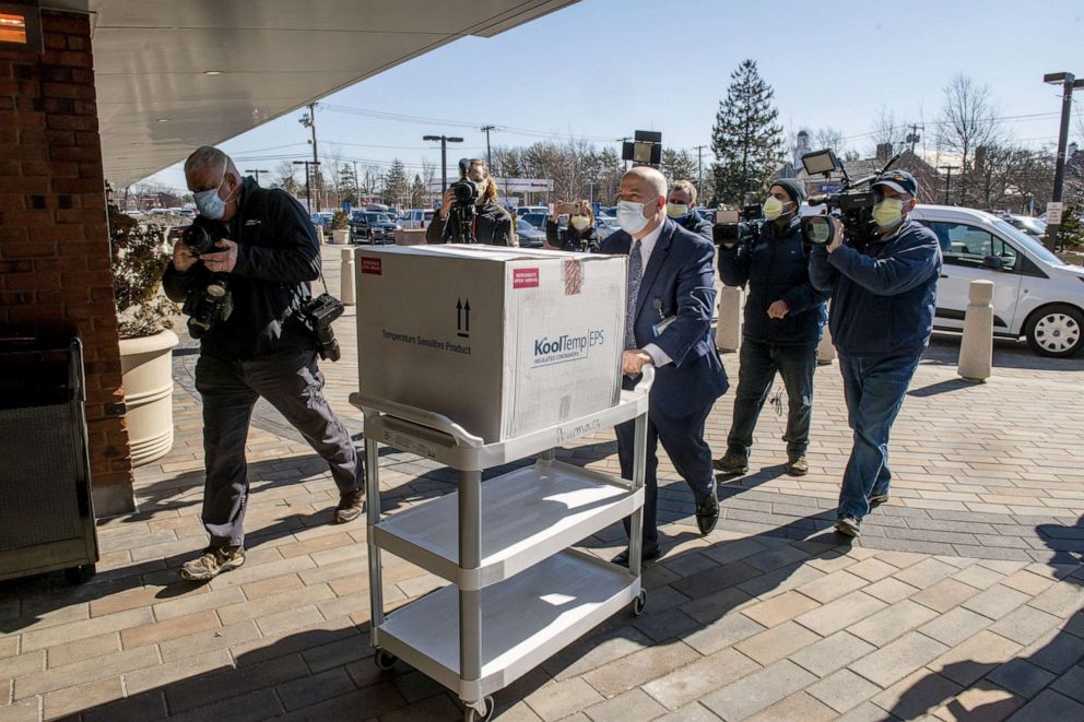 PHOTO: A shipment of the Johnson & Johnson vaccine arrives at Northwell Health South Shore University Hospital in Bay Shore, N.Y., March 3, 2021.