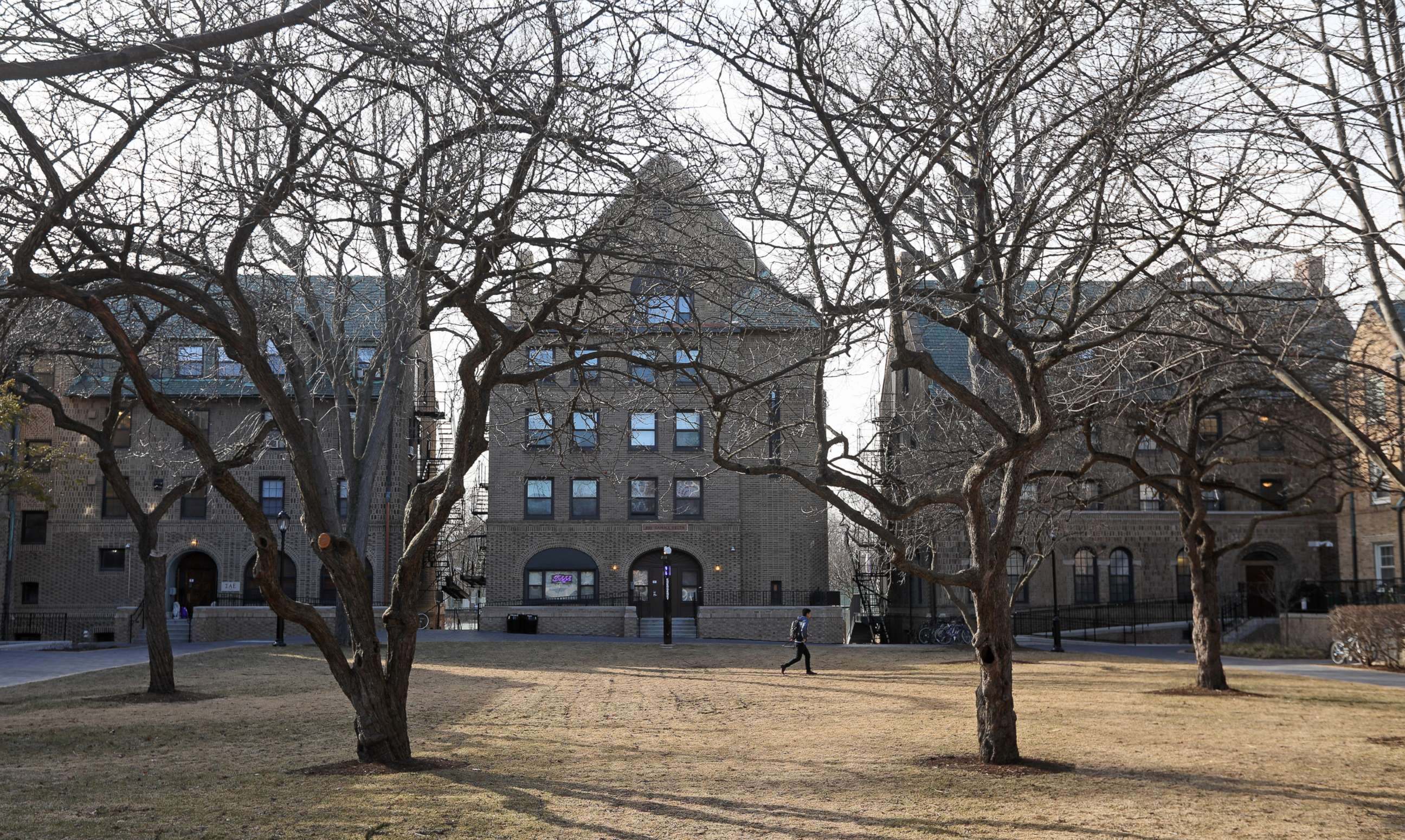 PHOTO: An exterior view Feb. 15, 2017 shows a quadrangle bordered by fraternities on the campus of Northwestern University in Evanston, Ill.