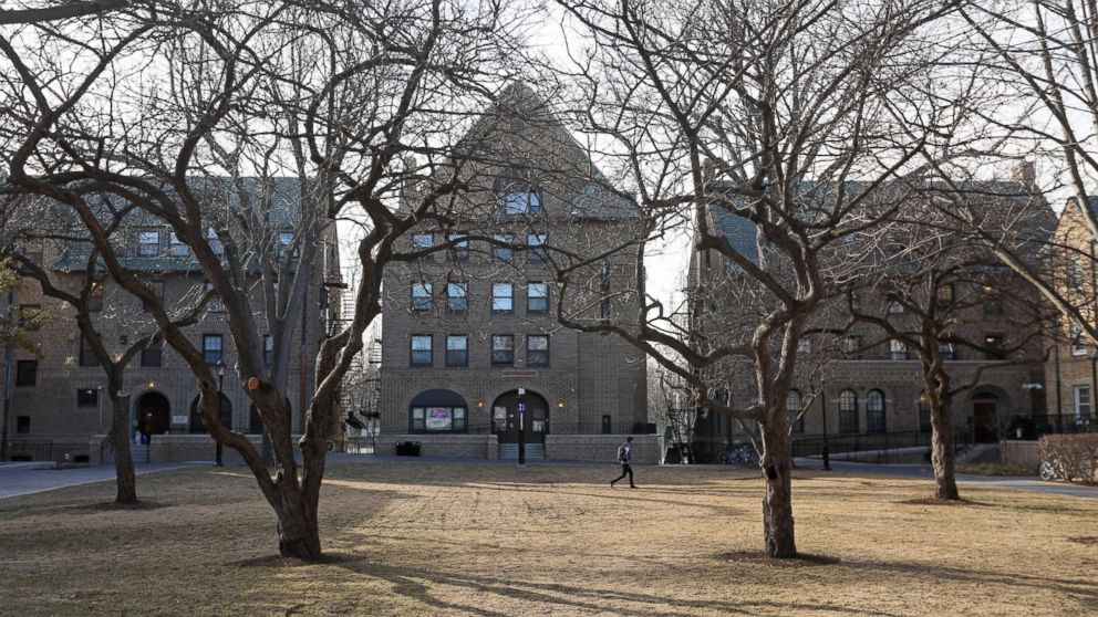 An exterior view Feb. 15, 2017 shows a quadrangle bordered by fraternities on the campus of Northwestern University in Evanston, Ill.