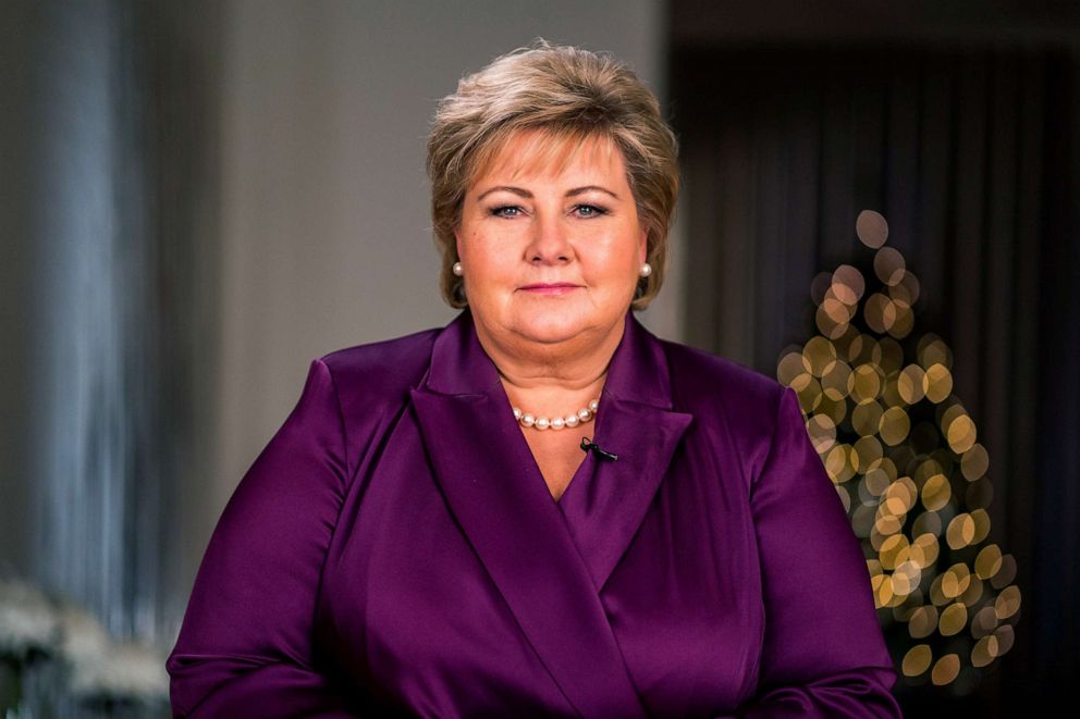 PHOTO: Norway's Prime Minister Erna Solberg reads her New Year's speech for NRK at the Prime Minister's office on New Year's Eve, in Oslo, Dec. 31, 2020.