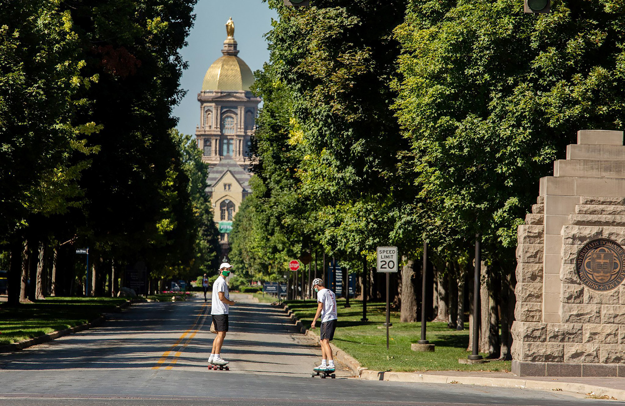 PHOTO: Students skate on campus at the University of Notre Dame in South Bend, Ind., Aug. 22, 2020.